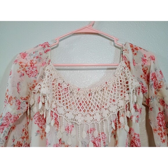 Womens Boho Chic Style Top Pink Floral With Split Sleeves And Drawstring Size S - Picture 4 of 6